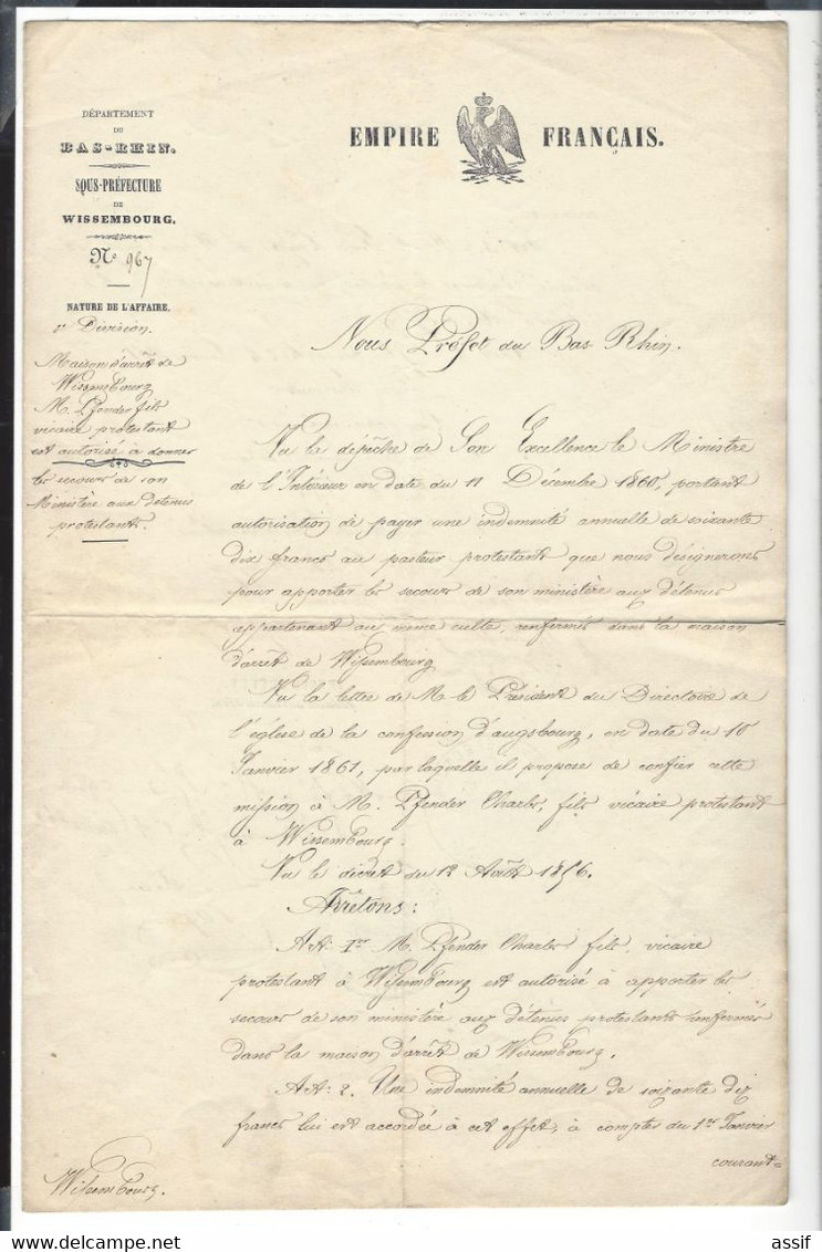 Wissembourg Prison  Aumonier Nomination Charles Pfender Vicaire Eglise Confession D'Augsbourg Notifié à L'intéressé 1861 - Non Classificati