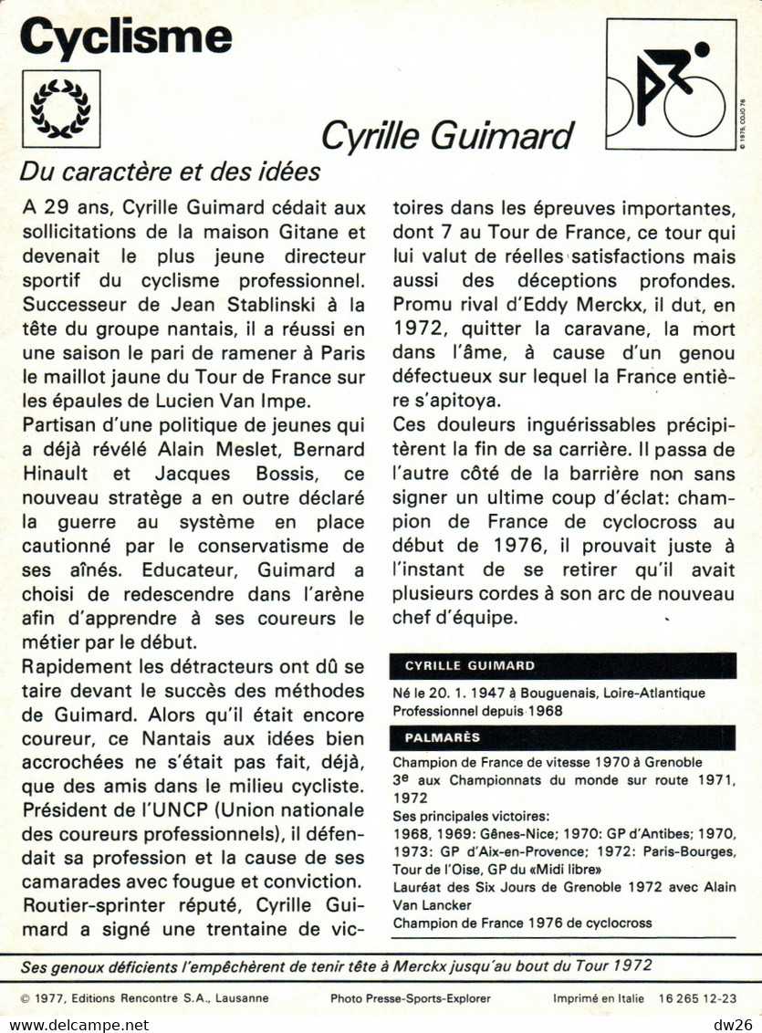 Fiche Sports: Cyclisme - Cyrille Guimard, Maillot Vert Du Tour De France 1972 Devant Eddy Merckx En Jaune - Deportes