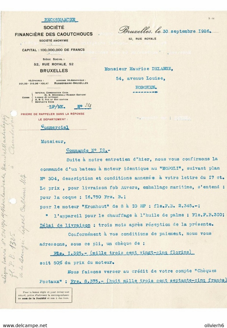 VP COURRIER BELGIQUE 1926 (V2030) SOCIETE FINANCIERE DES CAOUTCHOUCS (1 Vue) BRUXELLES Rue Royale, 52 - Drukkerij & Papieren