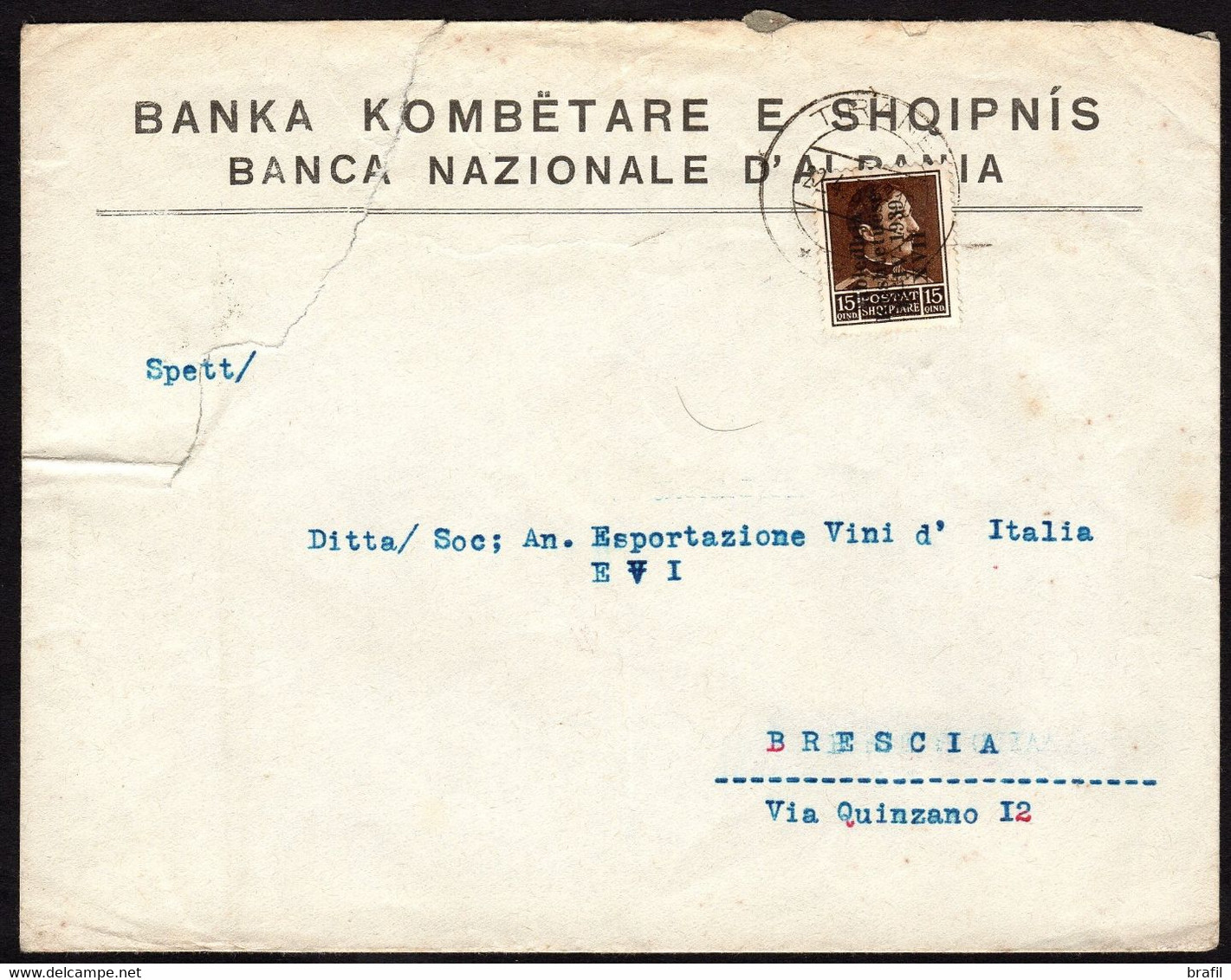 1939 Albania, Lettera Da Tirana A Brescia, Timbro Di Arrivo - Albanië