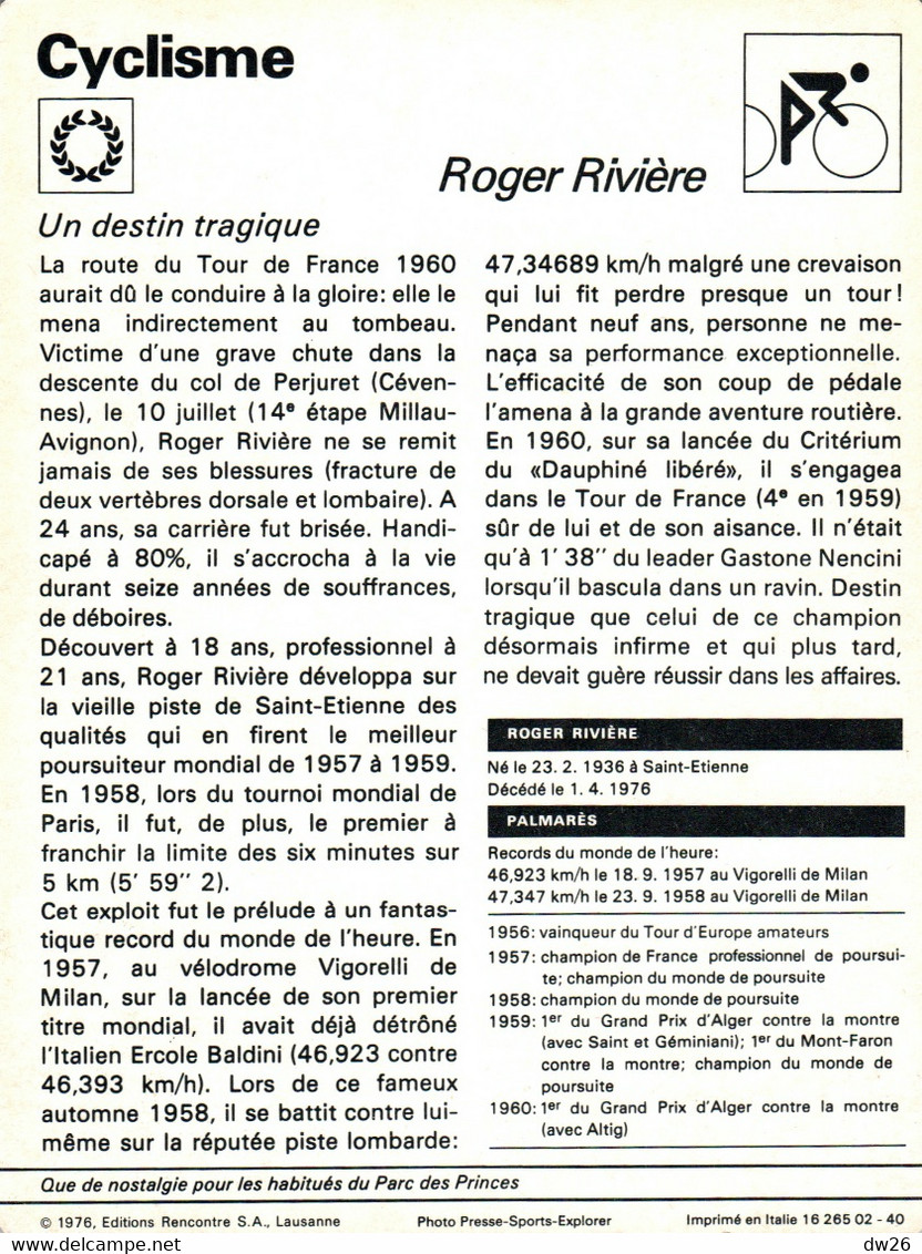 Fiche Sports: Cyclisme - Roger Rivière, Recordman Du Monde De L'Heure, Champion Du Monde De Poursuite - Sports