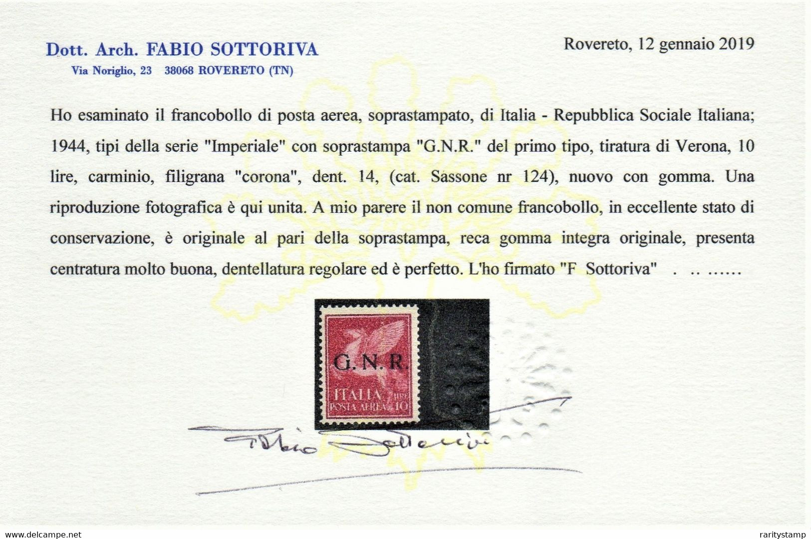 ITALIA 1944 REPUBBLICA SOCIALE GNR POSTA AEREA SASSONE S.1521 MNH ** NUOVI GOMMA INTEGRA CERTIFICATI LUSSO CV € 4.500 - Poste Aérienne