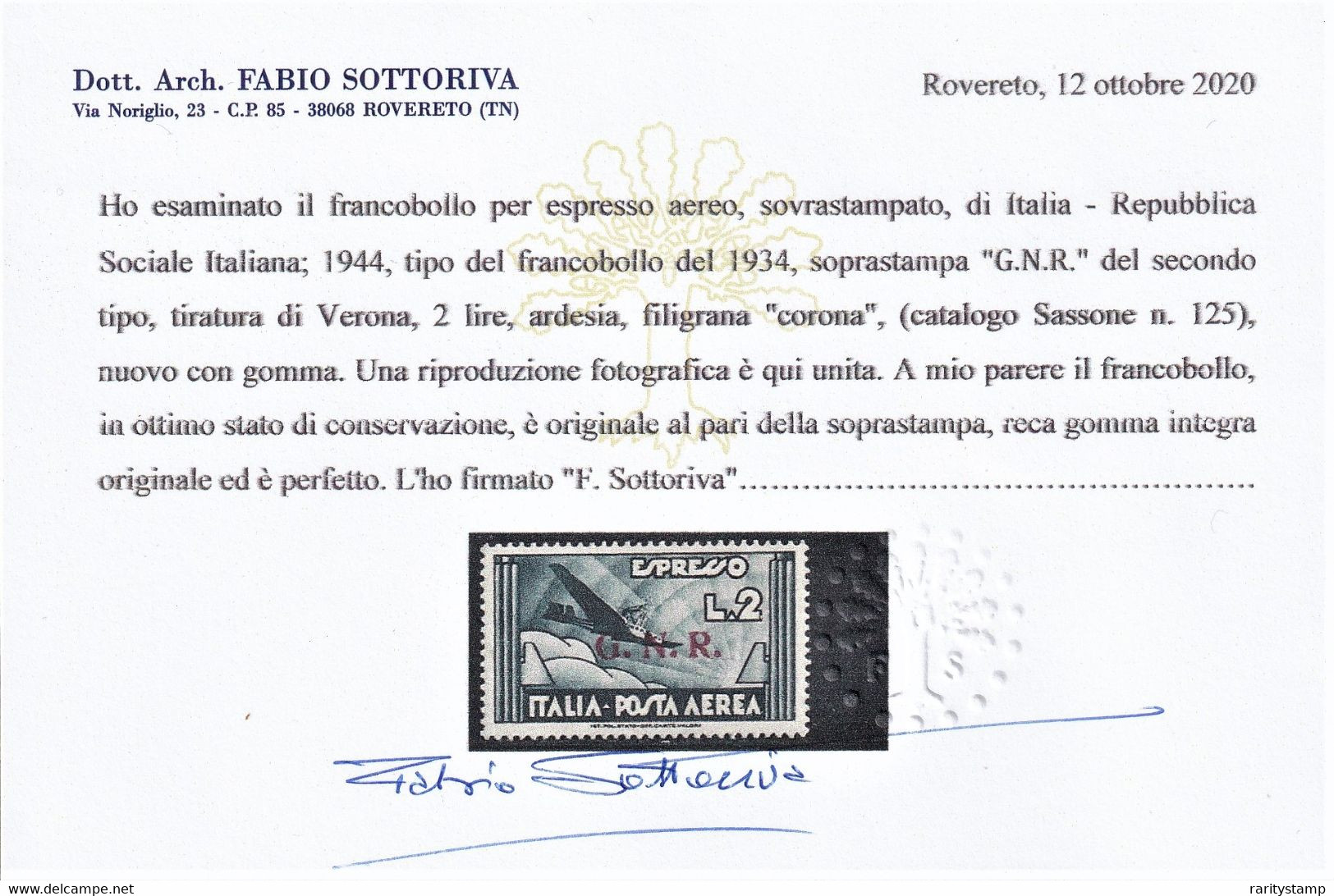 ITALIA 1944 REPUBBLICA SOCIALE GNR POSTA AEREA SASSONE S.1521 MNH ** NUOVI GOMMA INTEGRA CERTIFICATI LUSSO CV € 4.500 - Luftpost