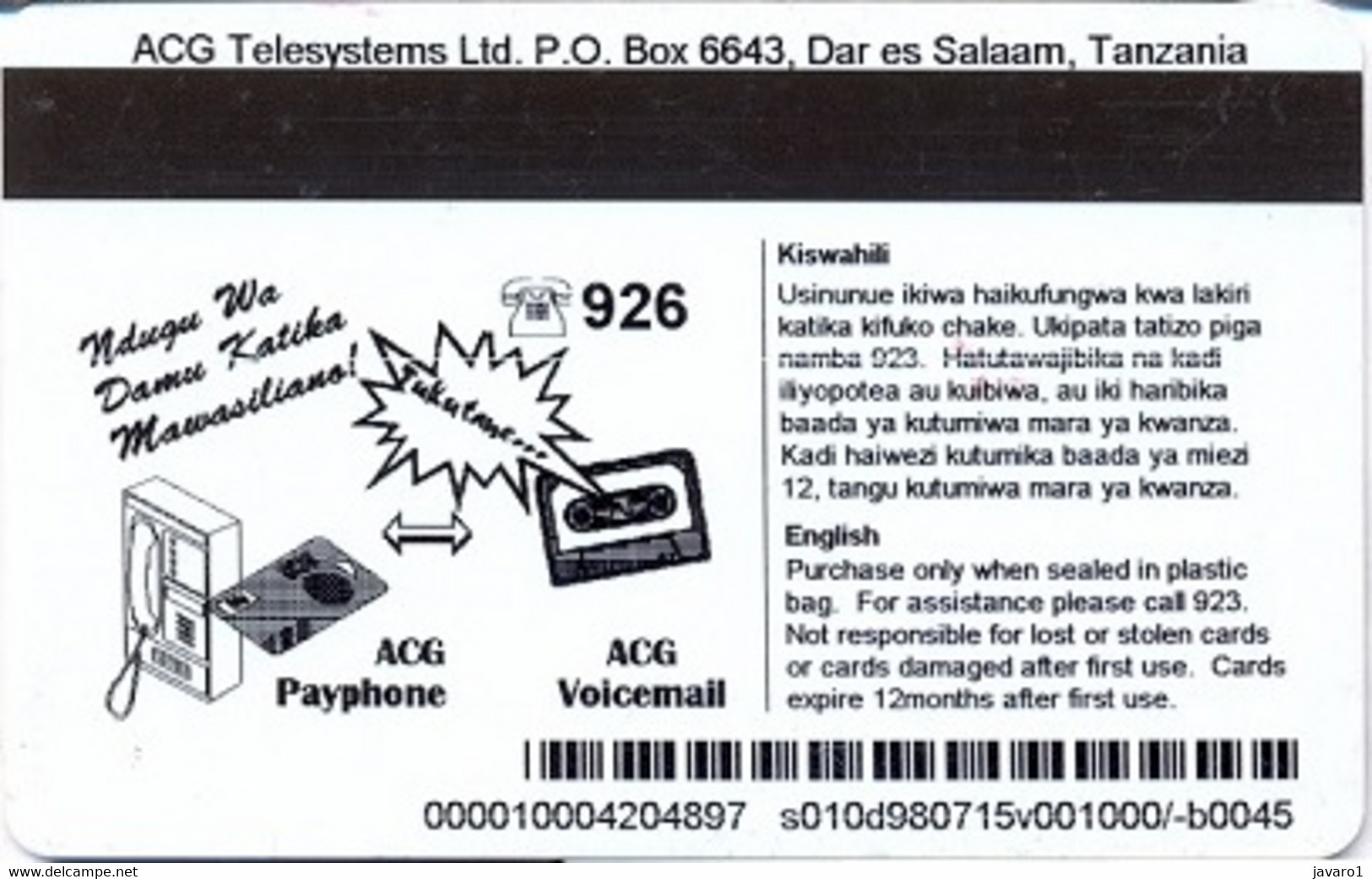 TANZANIA : AM15 AGC Tel:Cardphone 1000/= (926) Rev.3 USED As Pictured - Tanzanie