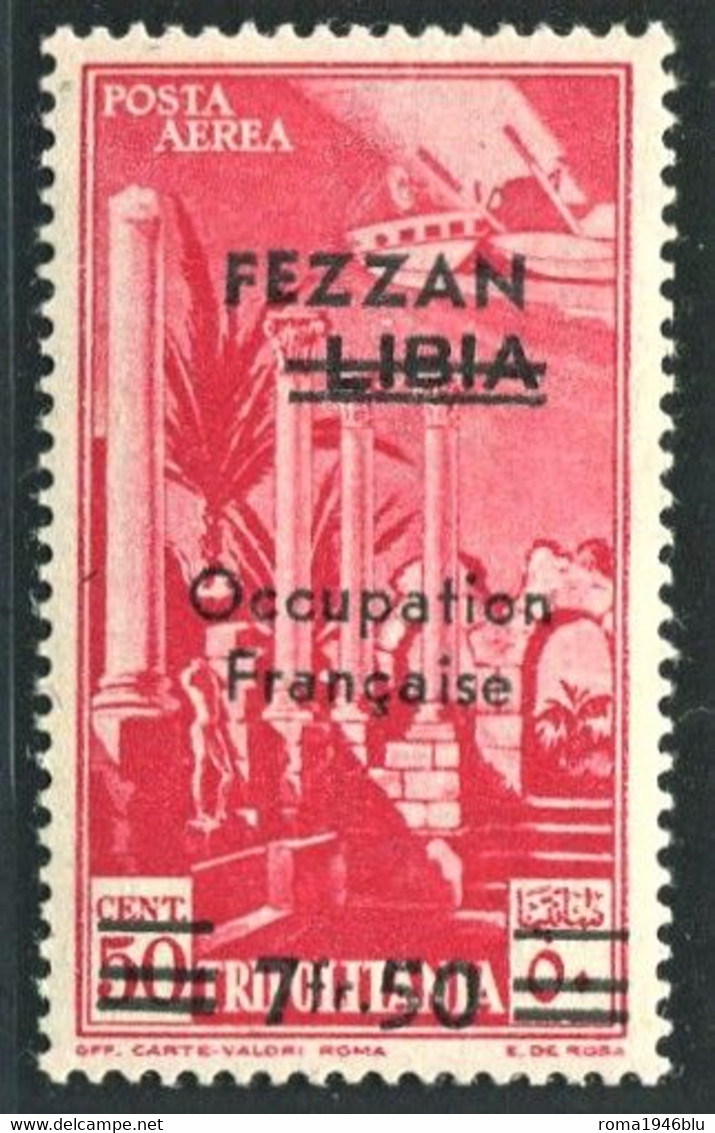 FEZZAN 1943  POSTA AEREA 7,50 SU 50 C. SASSONE N. 2 ** MNH - Fezzan & Ghadames