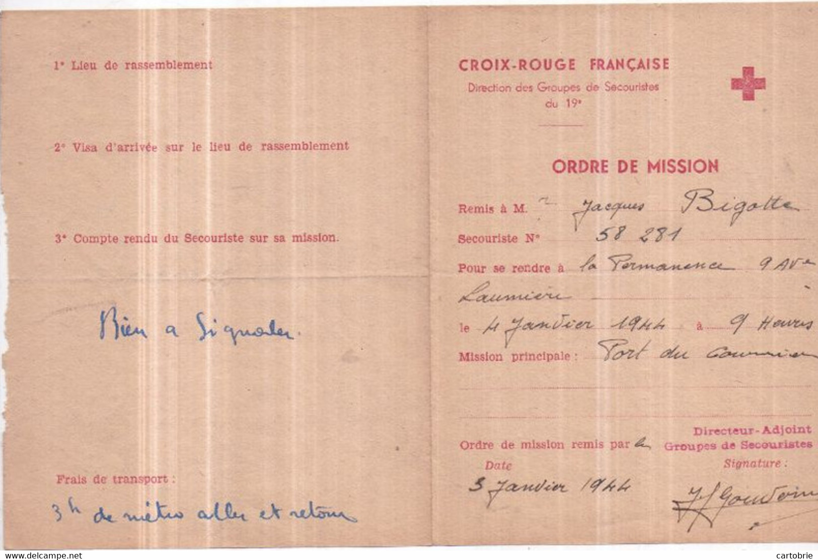 Croix Rouge Française - Guerre 1939-45 Ordre De Mission 3 Janvier 1944 - Port Du Courrier, Jacques BIGOTTE - Croix-Rouge