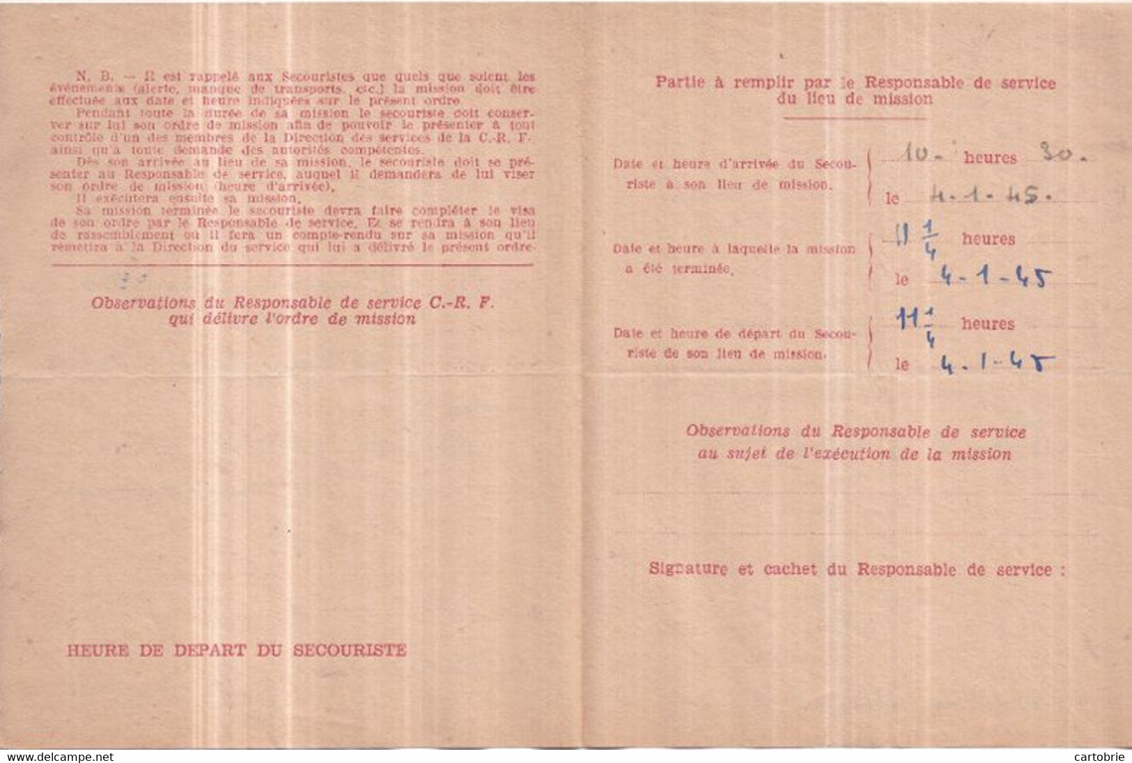Croix Rouge Française - Guerre 1939-45 Ordre De Mission 3 Janvier 1944 - Port Du Courrier, Jacques BIGOTTE - Croix-Rouge