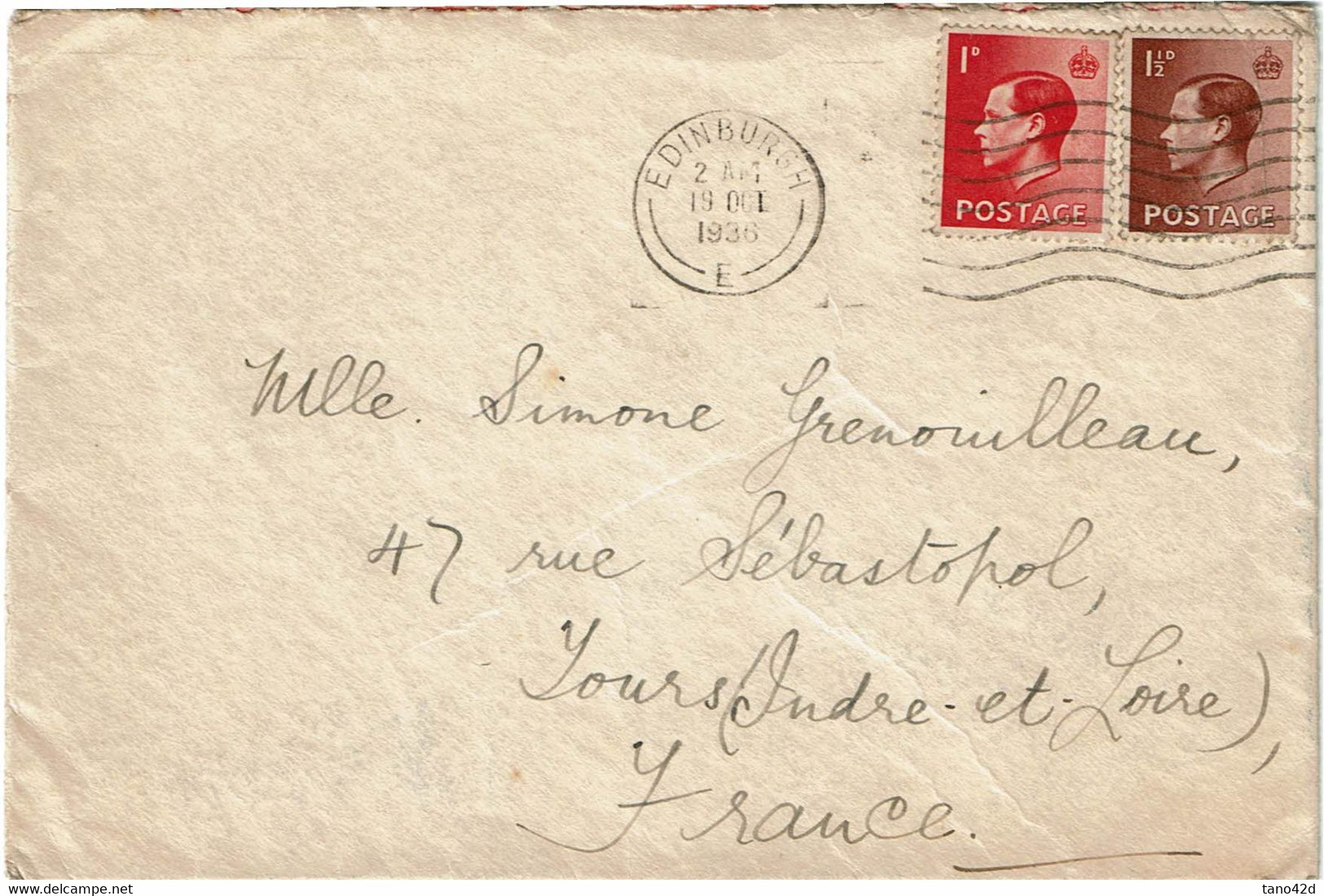 CTN64- GRANDE BRETAGNE EDWARD VIII ¨PAIRE SUR LETTRE EDINBURG / TOURS 19/10/1936 - Briefe U. Dokumente