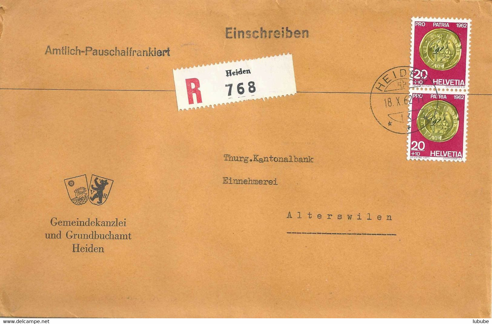 R Brief  "Gemeindekanzlei Und Grundbuchamt, Heiden"         1962 - Cartas & Documentos