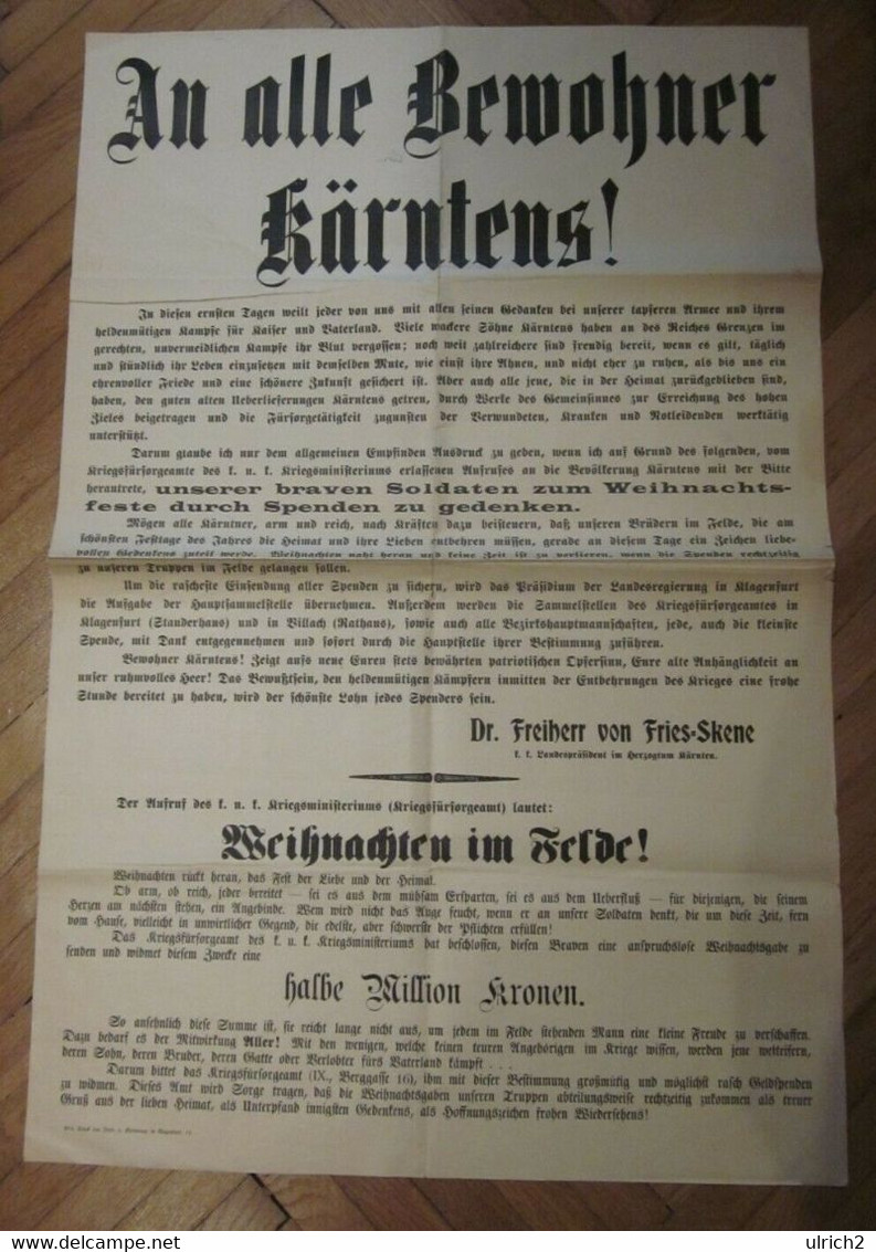 Original Plakat V. 1. WK - Weihnachts-Spendensammlung In Kärnten - 1914-18