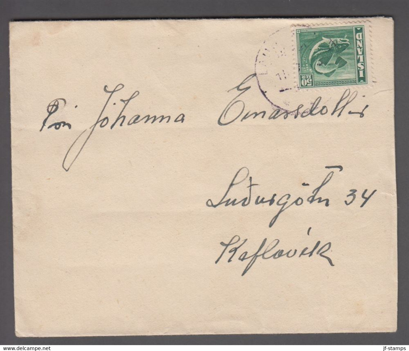 1947. ISLAND. 50 Aur Cod On Small Cover To REYKJAVIK. Bridgecancel LAUG.... (Michel 228) - JF411983 - Cartas & Documentos