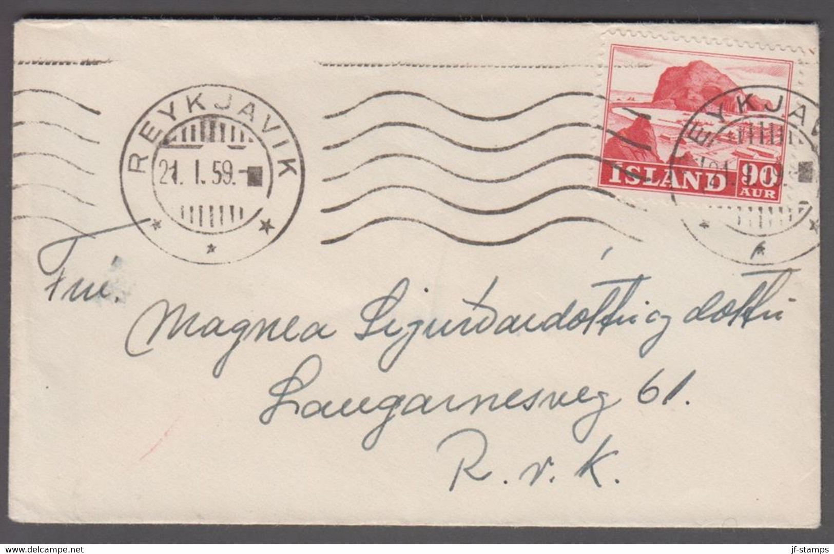 1959. ISLAND. 90 AUR Landscapes On Small Local Cover  REYKJAVIK 21.1.59.  (Michel 266) - JF411989 - Covers & Documents