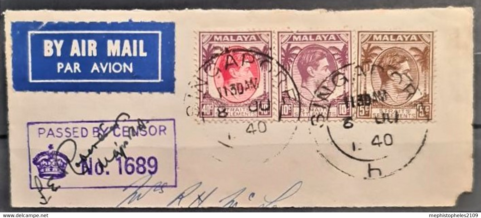 MALAYA 1940 - Canceled - Sc# 241, 244, 248 - On An Censored Air Mail Letter Piece - Straits Settlements