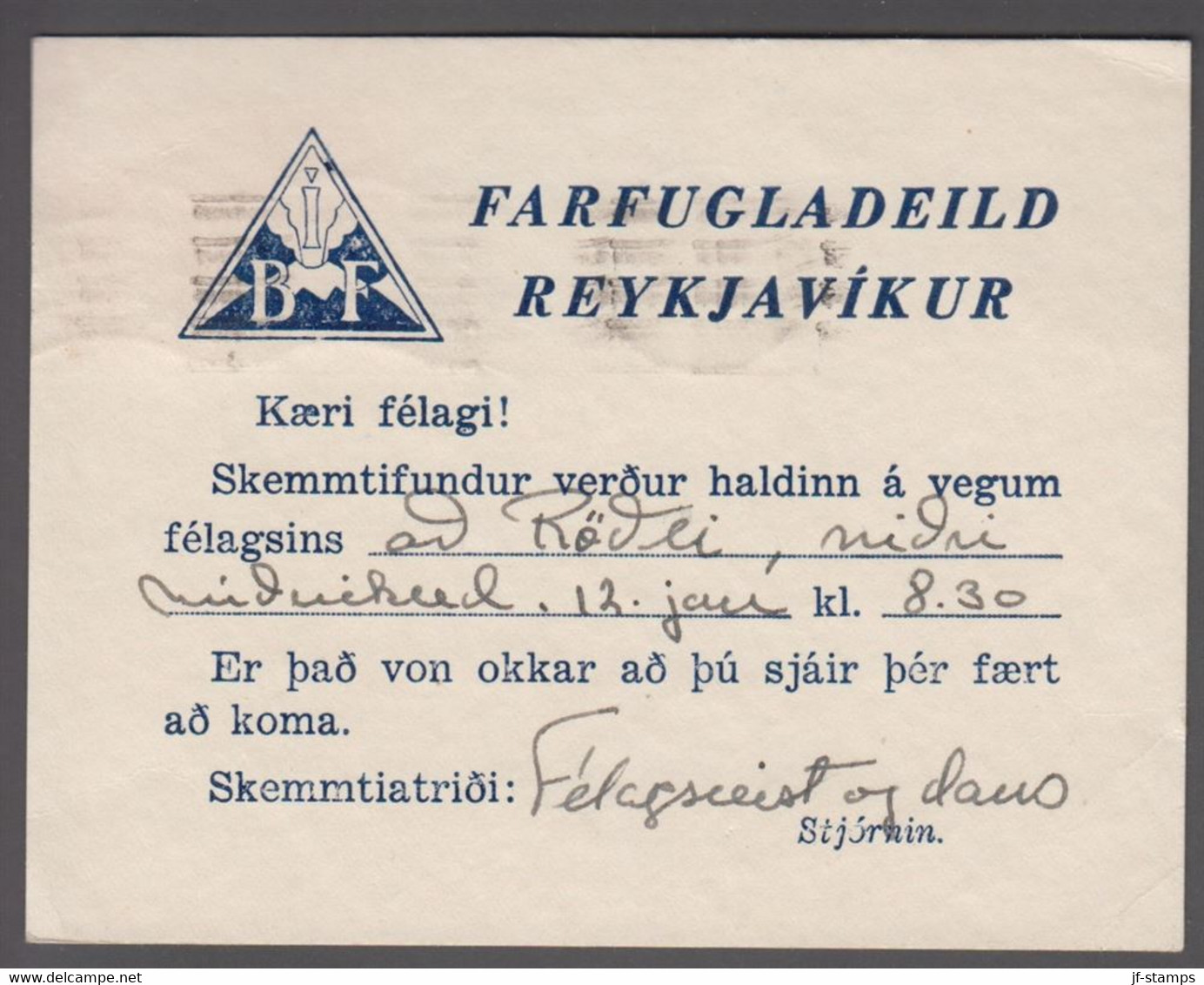 1955. ISLAND. 50 AUR Hekla On Small Card  REYKJAVIK 1955 8-I. Sender IBF FARFUGLADEIL... (Michel 250) - JF411995 - Brieven En Documenten