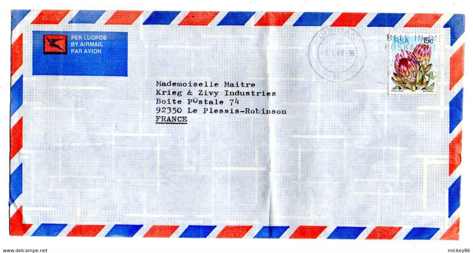 Afrique Du Sud--1980--Lettre De DURBAN Pour Le Plessis-Robinson-92 (France)--timbre Fleur Seul Sur Lettre - Cartas & Documentos