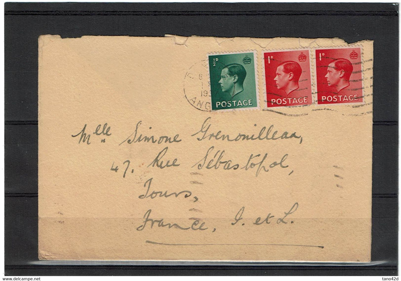 CTN64- GRANDE BRETAGNE EDWARD VIII TROIS TIMBRES SUR LETTRE POUR TOURS FEVRIER 1937 - Briefe U. Dokumente