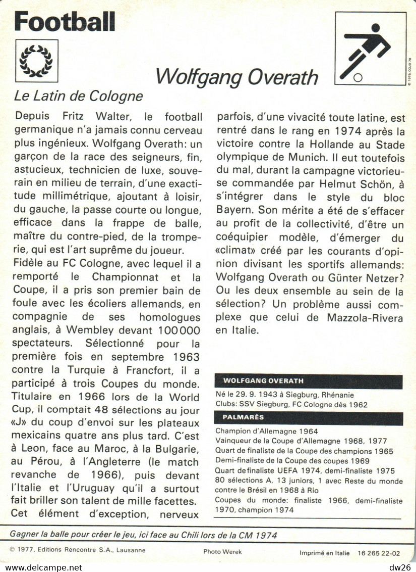 Fiche Sports: Football - Wolfgang Overath, Joueur International Allemand - Finaliste Coupe Du Monde 1966 - Sport