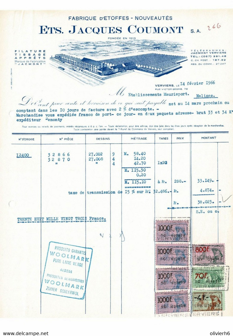 VP FACTURE 1966 (V2030) ETS JACQUES COUMONT VERVIERS (1 Vue) Fabrique D'étoffes Filature Tissage - Rue Victor Besme, 78 - Vestiario & Tessile