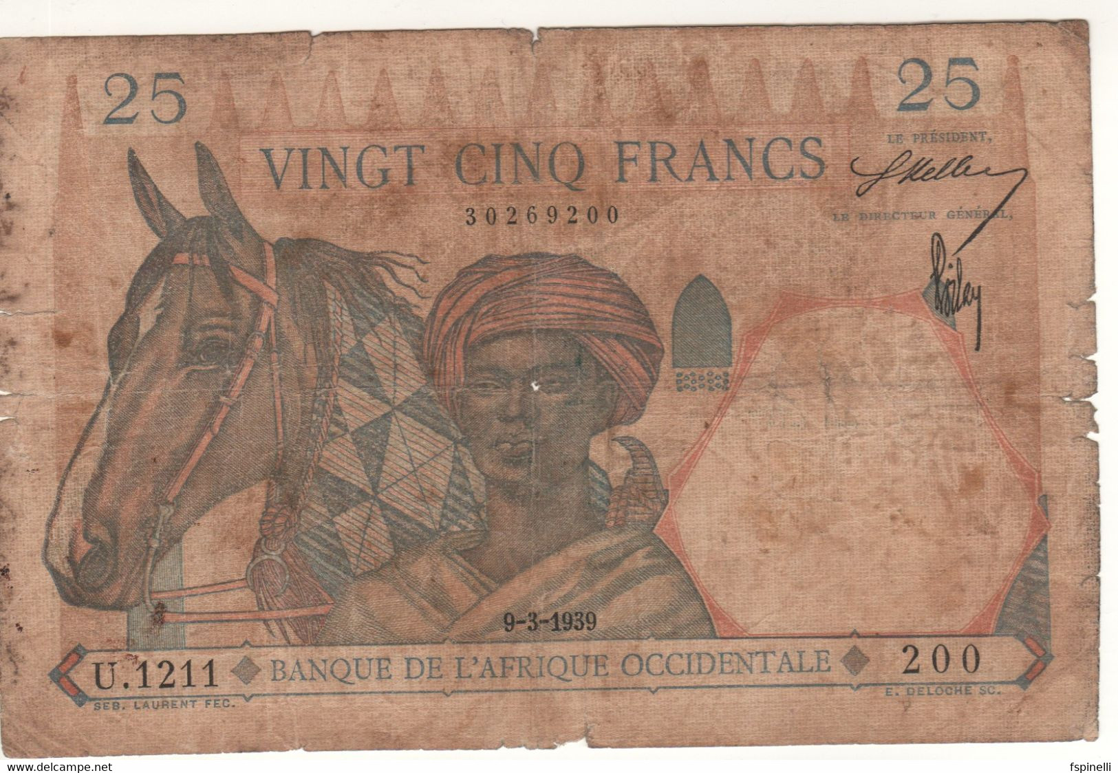 FRENCH WEST AFRICA   25 Francs    P22   Dated 9-3-1939   Lion At Back - États D'Afrique De L'Ouest