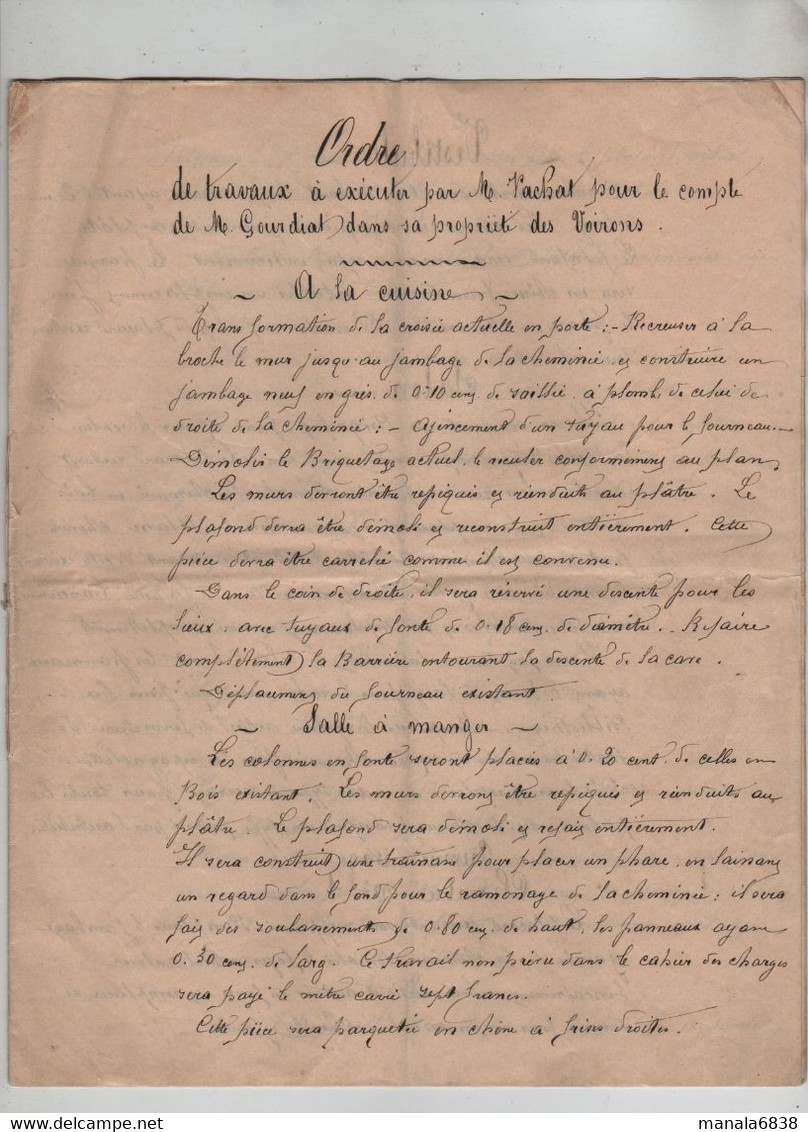 Ordre Travaux à Exécuter Vachat Gourdiat Propriété Des Voirons à Identifier - Manuscrits