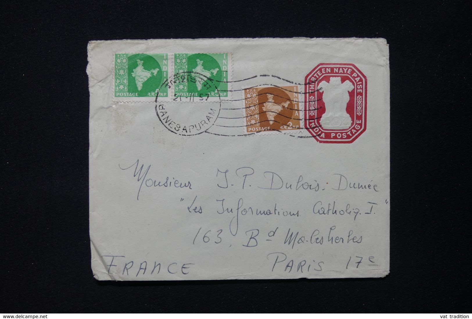 INDE - Entier Postal + Compléments De Ganespuram Pour La France En 1957 - L 82993 - Enveloppes
