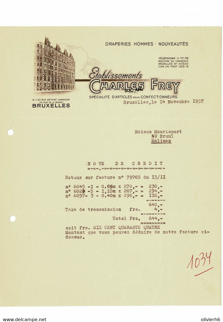 VP FACTURE 1957 (V2030) CHARLES FREY (1 Vue) Draperies Hommes - BRUXELLES Rue Antoine DANSAERT, 91 à 97 - Vestiario & Tessile