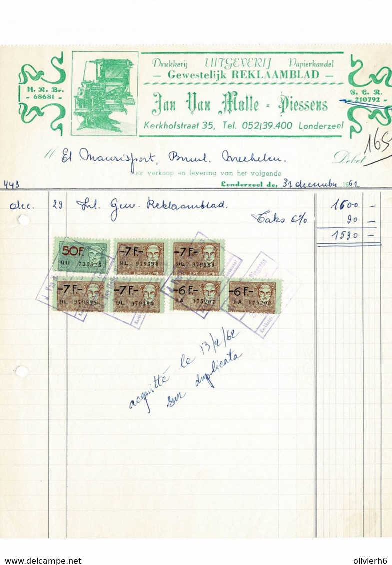 VP FACTURE 1961 (V2030) DRUKKERIJ IMPRIMERIE JAN VAN MOLLE (1 Vue) LONDERZEEL Kerkhofstraat, 37 - Printing & Stationeries