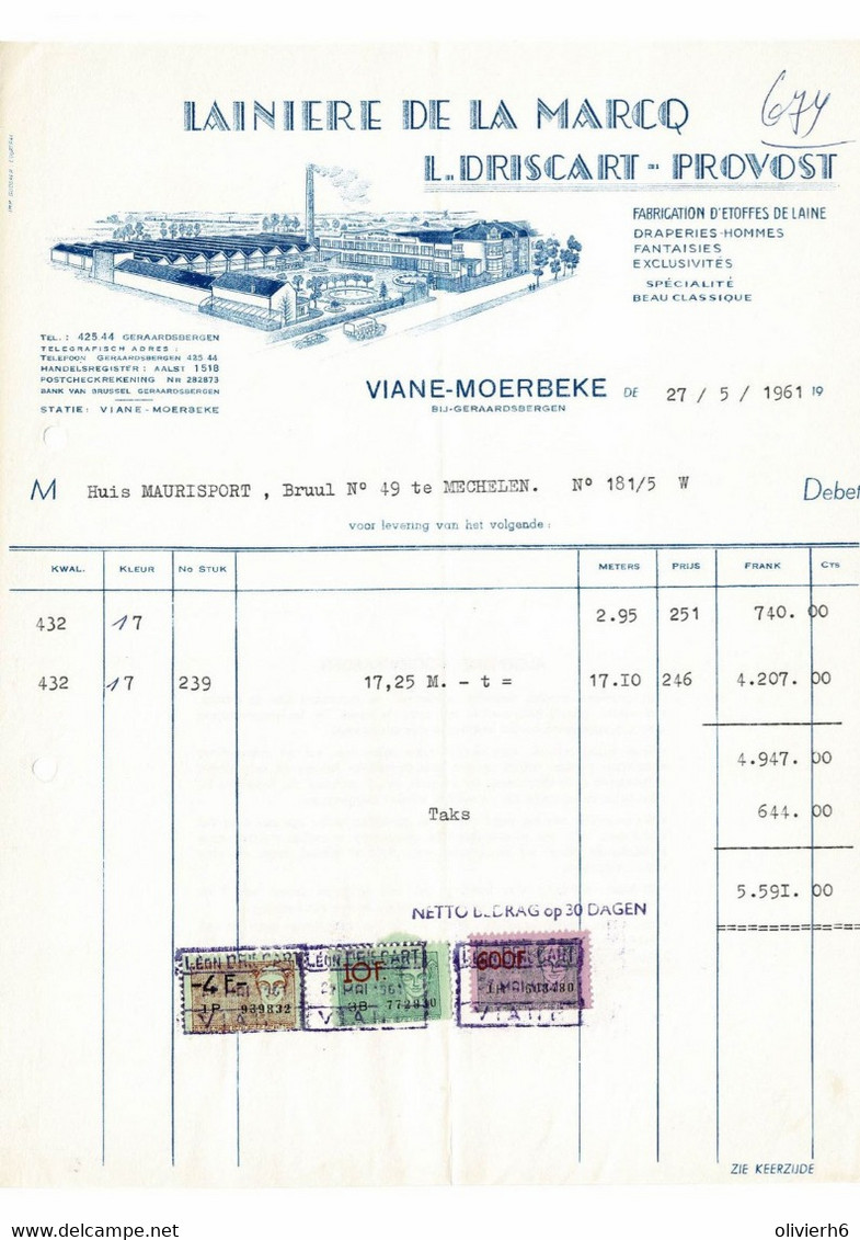 VP FACTURE 1961 (V2030) LAINIèRE DE LA MARCQ L. DRISCART - PROVOST (1 Vue) Fabrique D'étoffes De Laine VIANE MOERBEKE - Kleidung & Textil