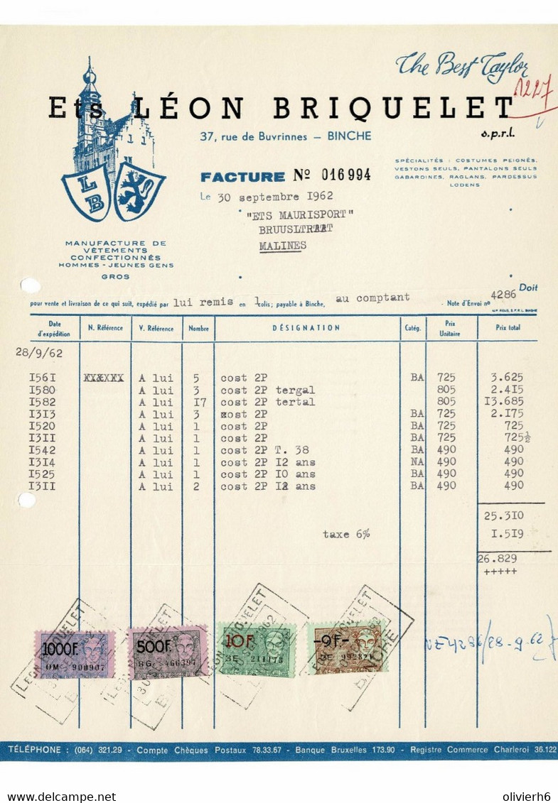 VP FACTURE 1962 (V2030) Ets LéON BRIQUELET Manufacture De Vêtements (1 Vue) BINCHE 37, Rue De Buvrinnes - Kleidung & Textil