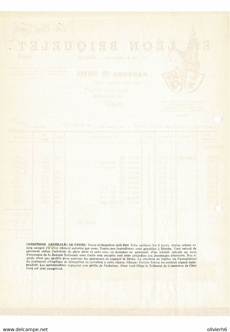 VP FACTURE 1962 (V2030) Ets LéON BRIQUELET Manufacture De Vêtements (1 Vue) BINCHE 37, Rue De Buvrinnes - Kleidung & Textil