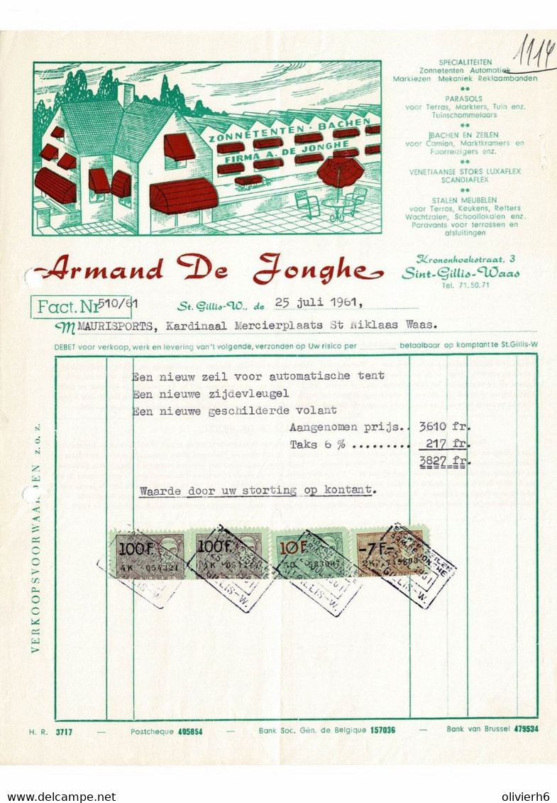 VP FACTURE 1962 (V2030) ARMAND DE JONGHE (1 Vue) Zonnetente Bachen SINT-GILLIS WAAS Kronenhoekstraat, 3 - Vestiario & Tessile