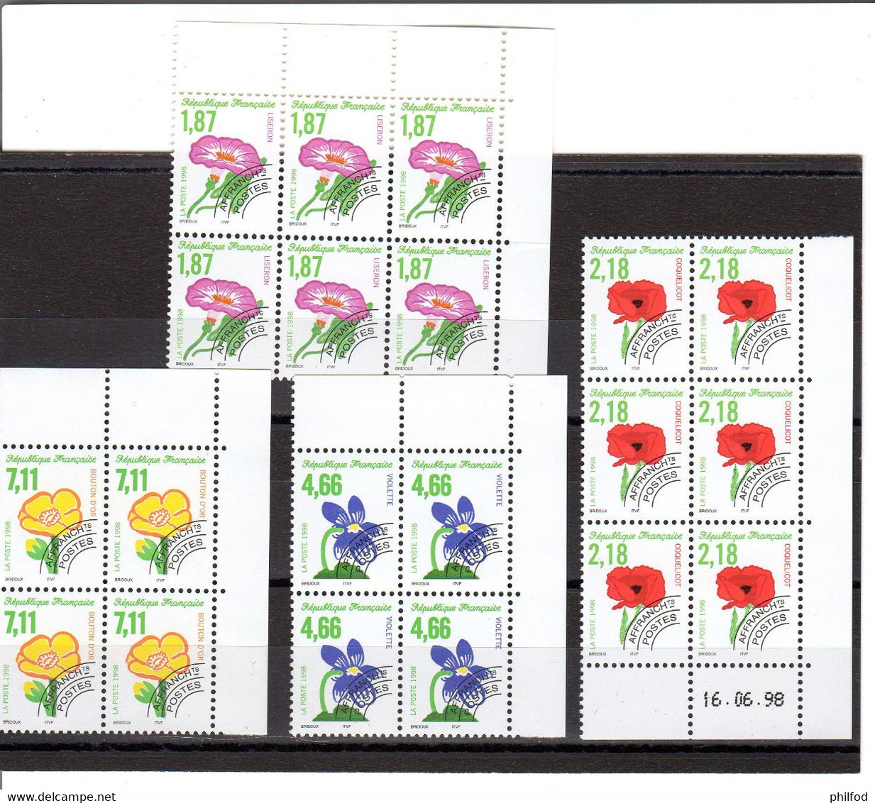 1998 - 4  Blocs De 4 Timbres / 6 Timbres   : N ° 240 à 243 Dont 1 Coin Daté - 1989-2008