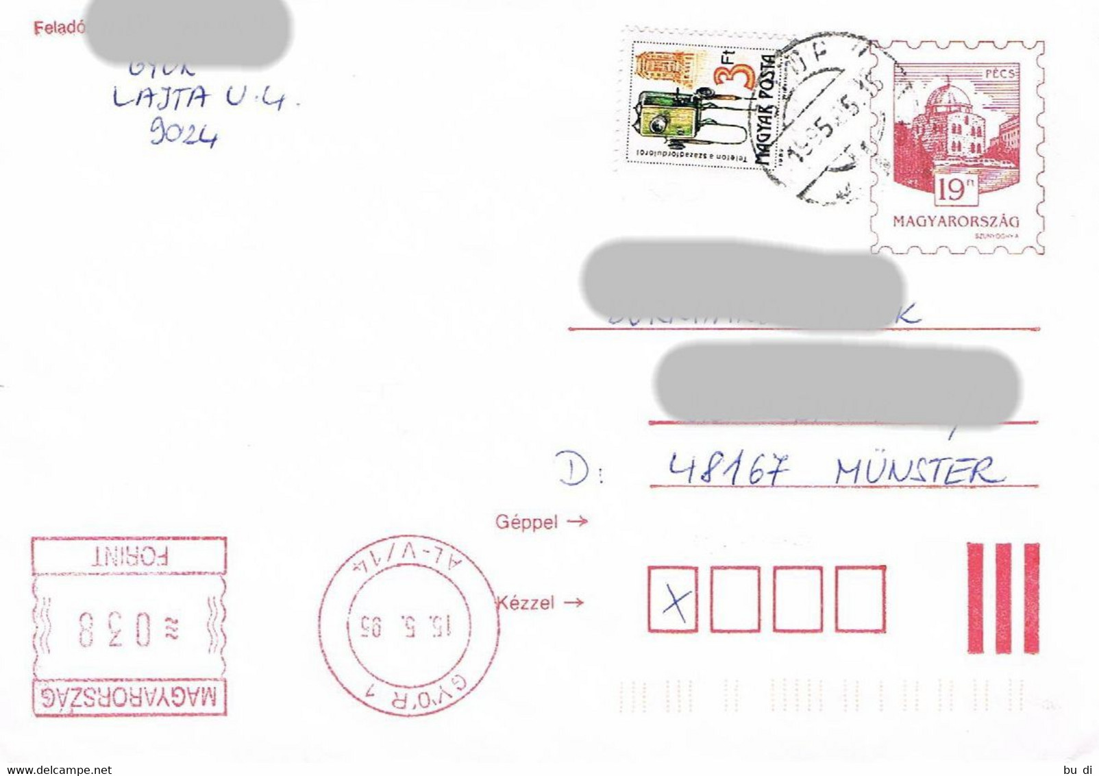 Ungarn Bedarfsbrief Aus Györ Nach Münster - Zusätzlicher Freistempel + Meterstamp - Storia Postale