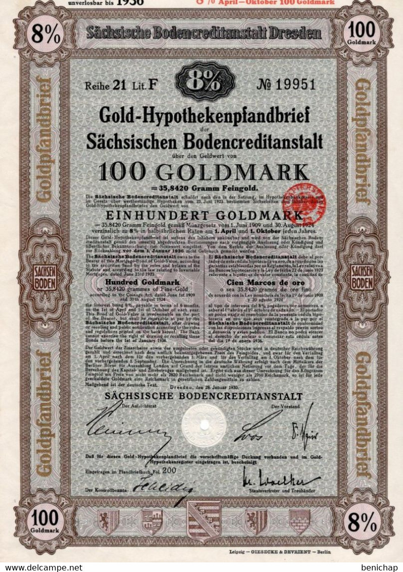 Bank - Banque - Gold Hypothekenpfandbrief - Saechsische Bodencreditanstalt - 100 Goldmark - Dresden 1930 - Bank & Insurance