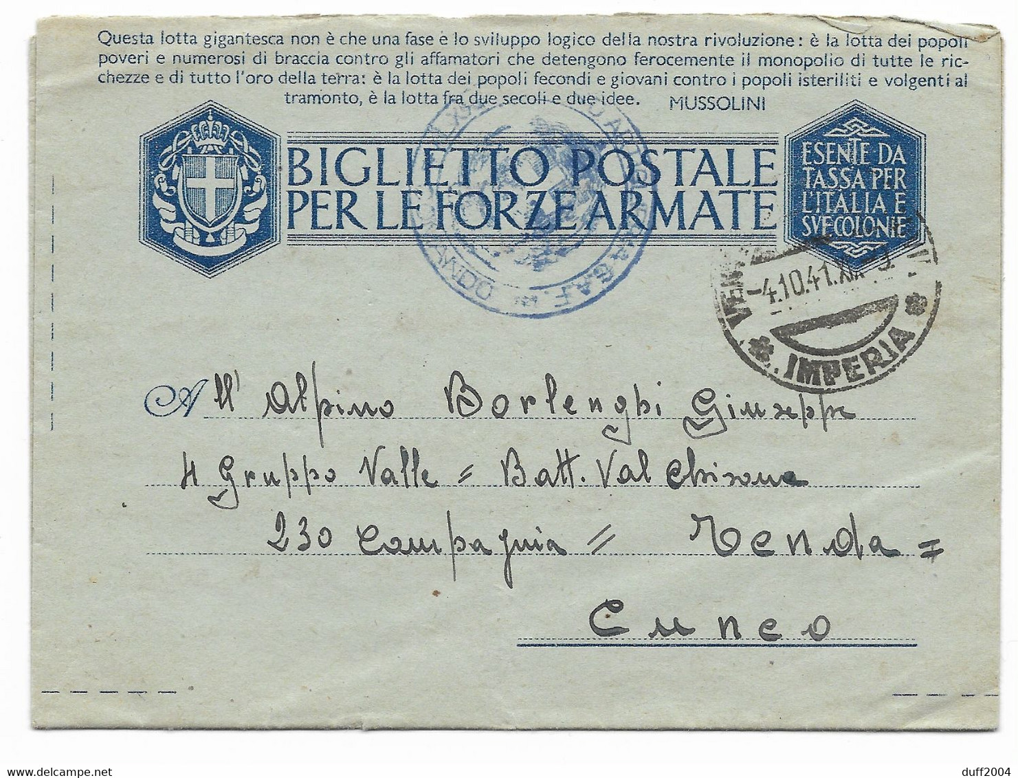 DA PIGNA ( IMPERIA ) A CUNEO - 4.10.1941. - Posta Militare (PM)