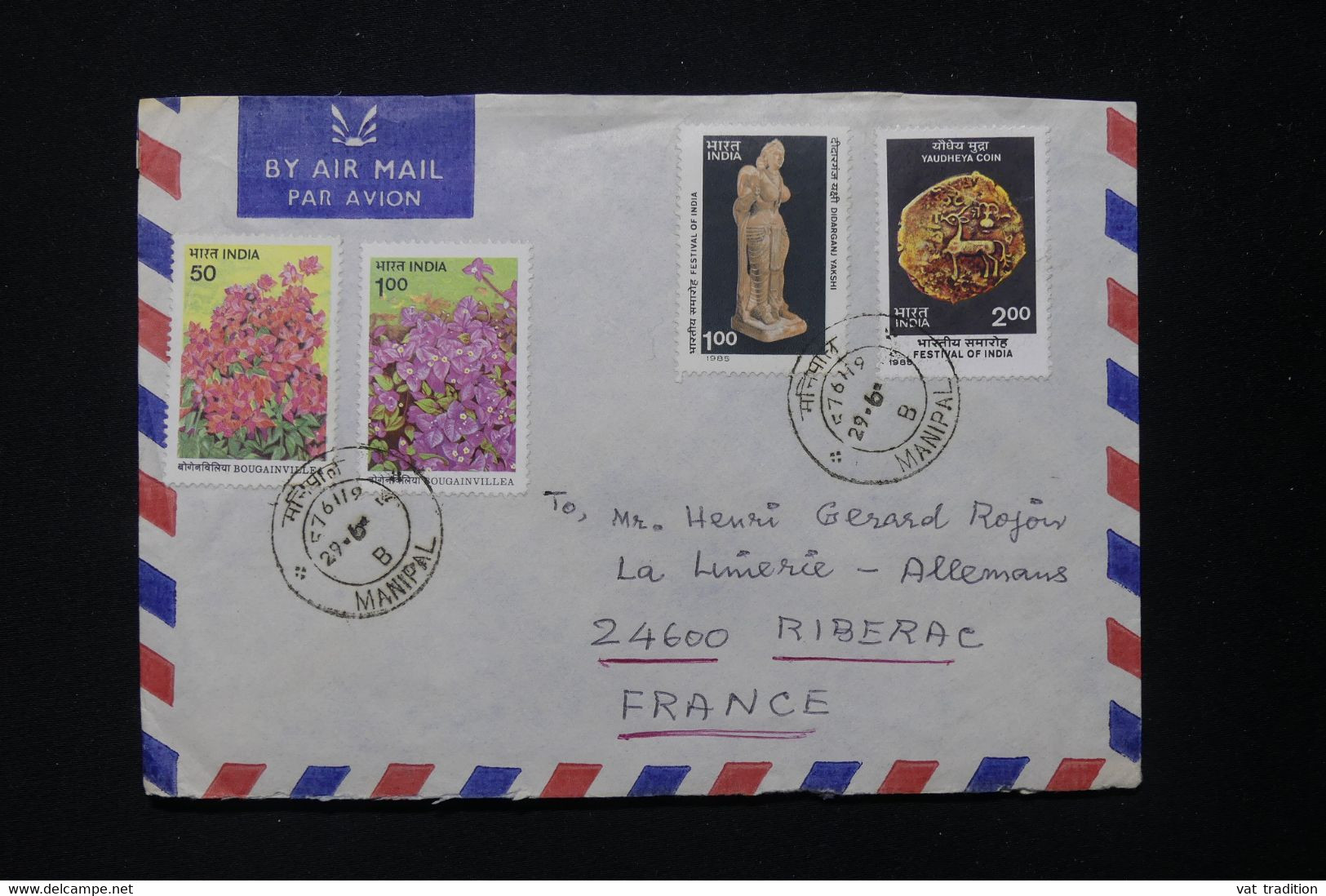 INDE - Enveloppe De Manipal Pour La France En 1985 Avec Vignette Au Dos - L 83065 - Cartas & Documentos