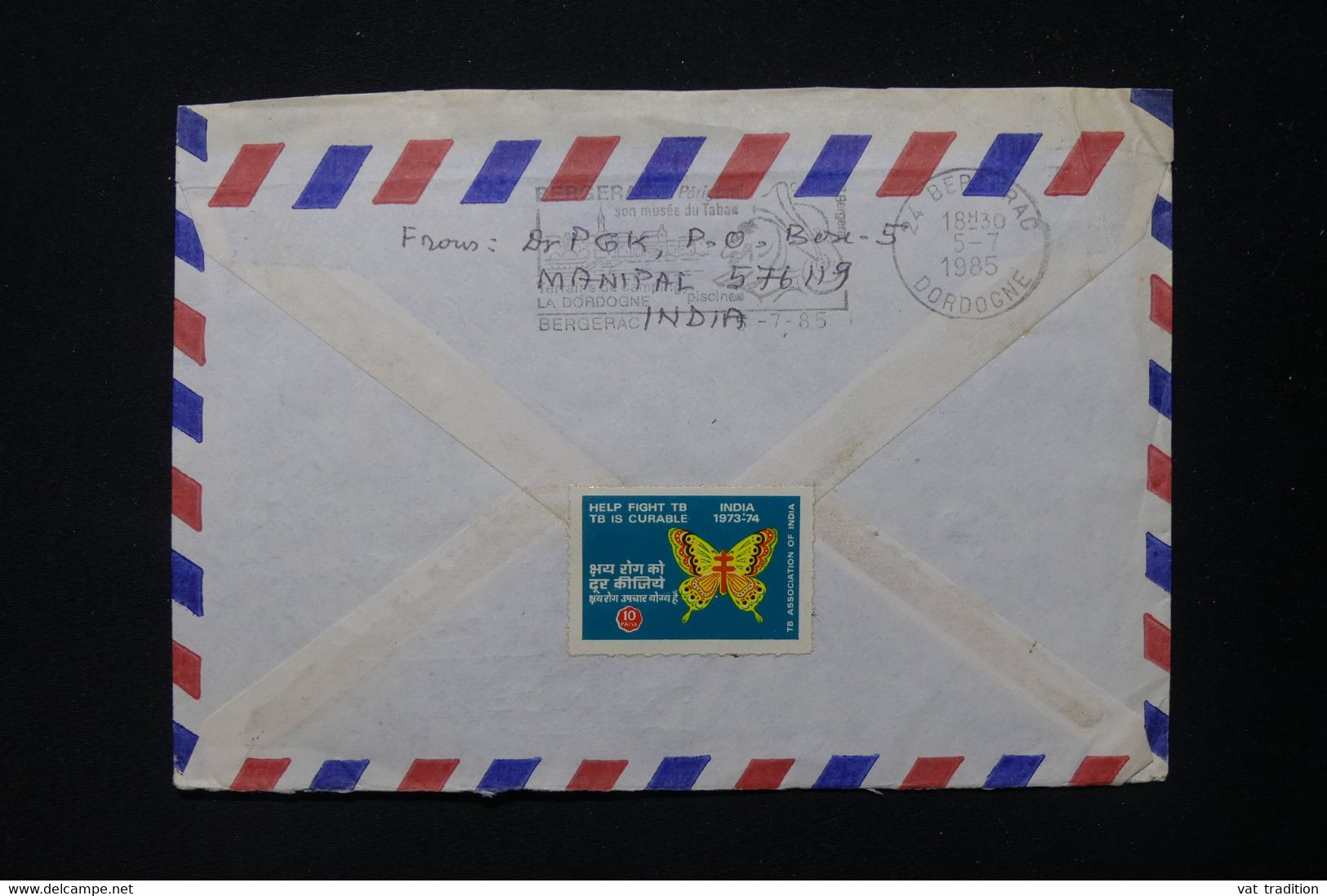 INDE - Enveloppe De Manipal Pour La France En 1985 Avec Vignette Au Dos - L 83065 - Lettres & Documents