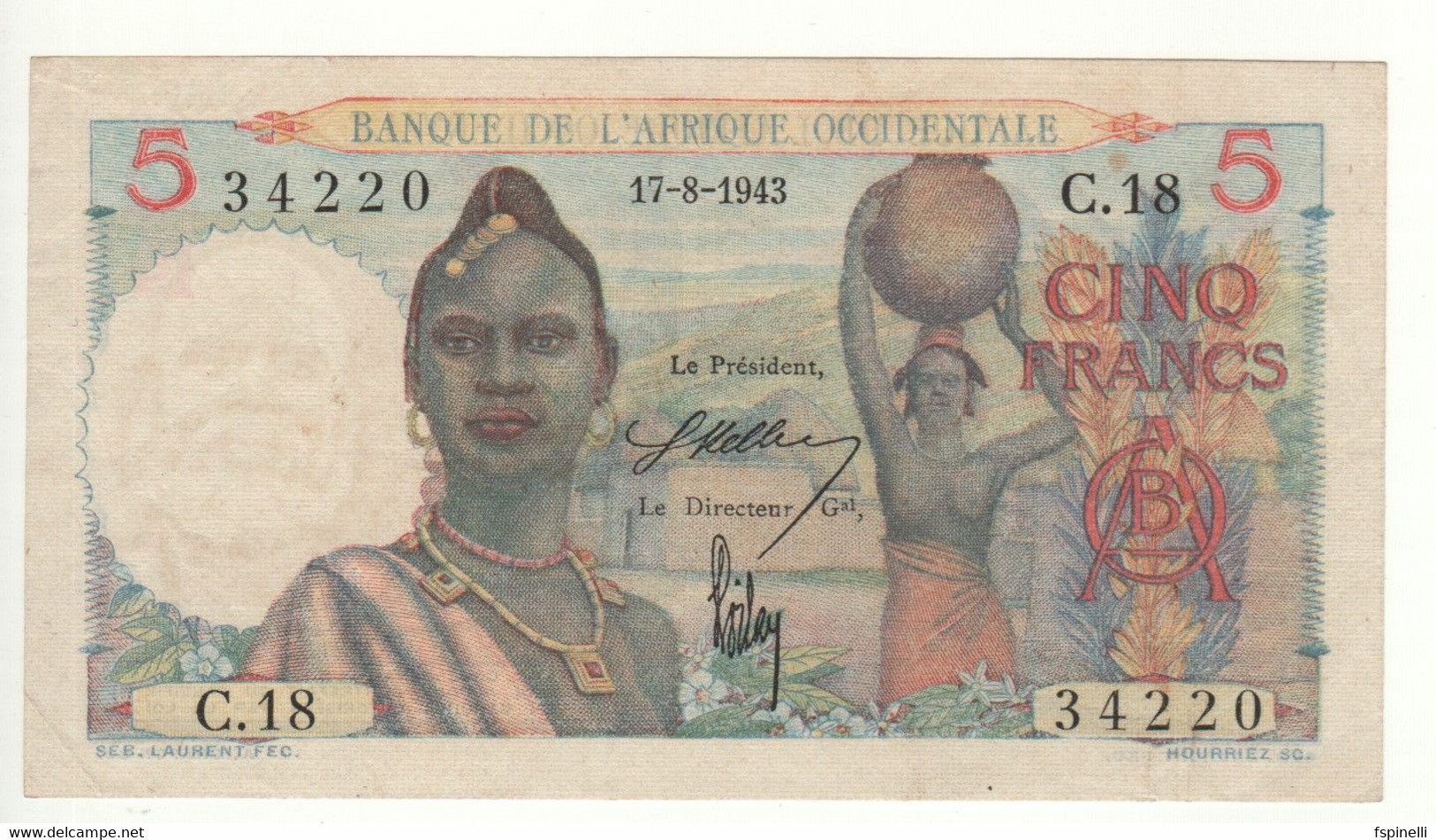 FRENCH WEST AFRICA   5 Francs    P36   Dated 17-08-1943    Fishermen  At Back - West African States