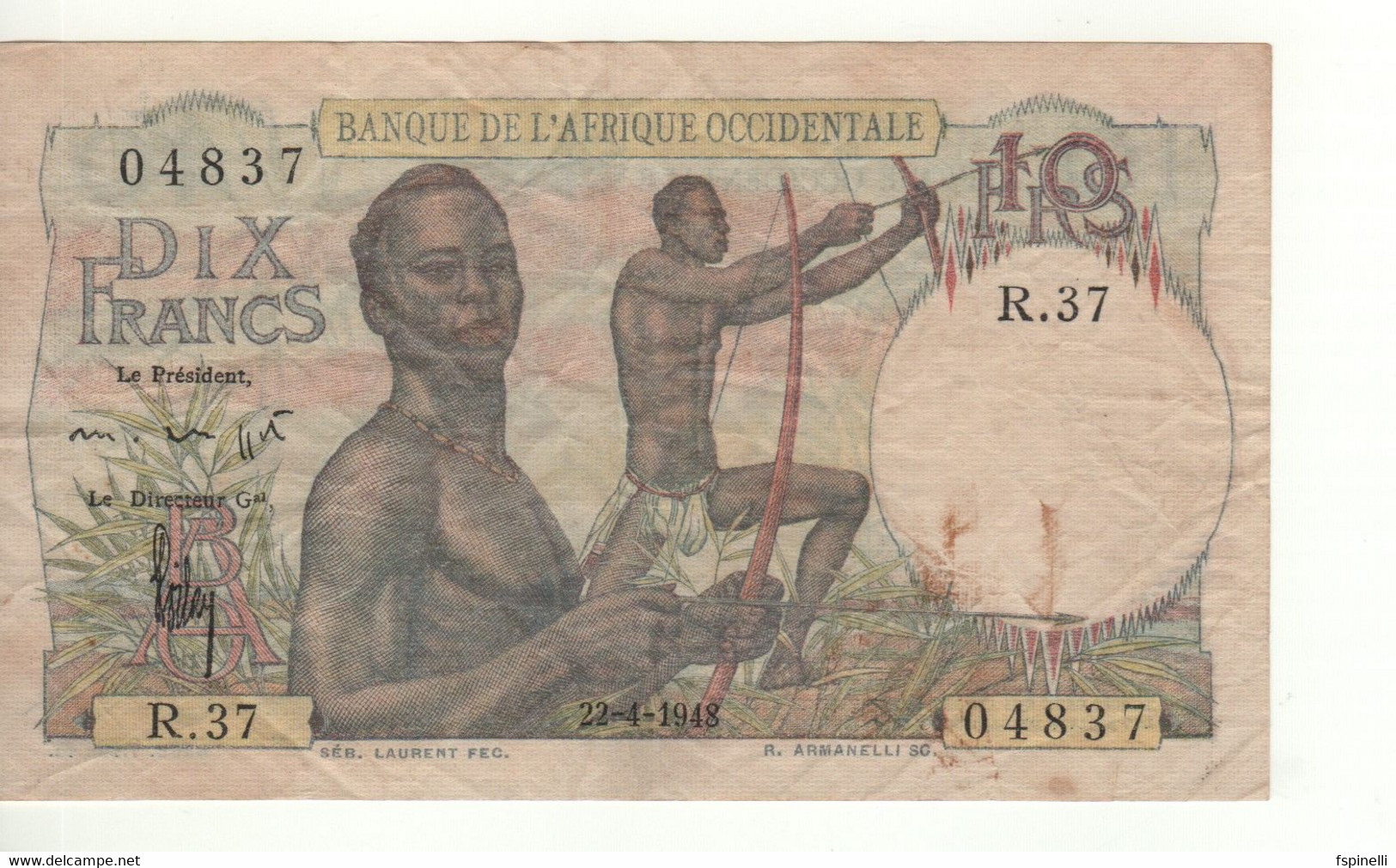 FRENCH WEST AFRICA   10 Francs    P37   Dated 22-04-1948     Hunters + Gazelle At Back - États D'Afrique De L'Ouest