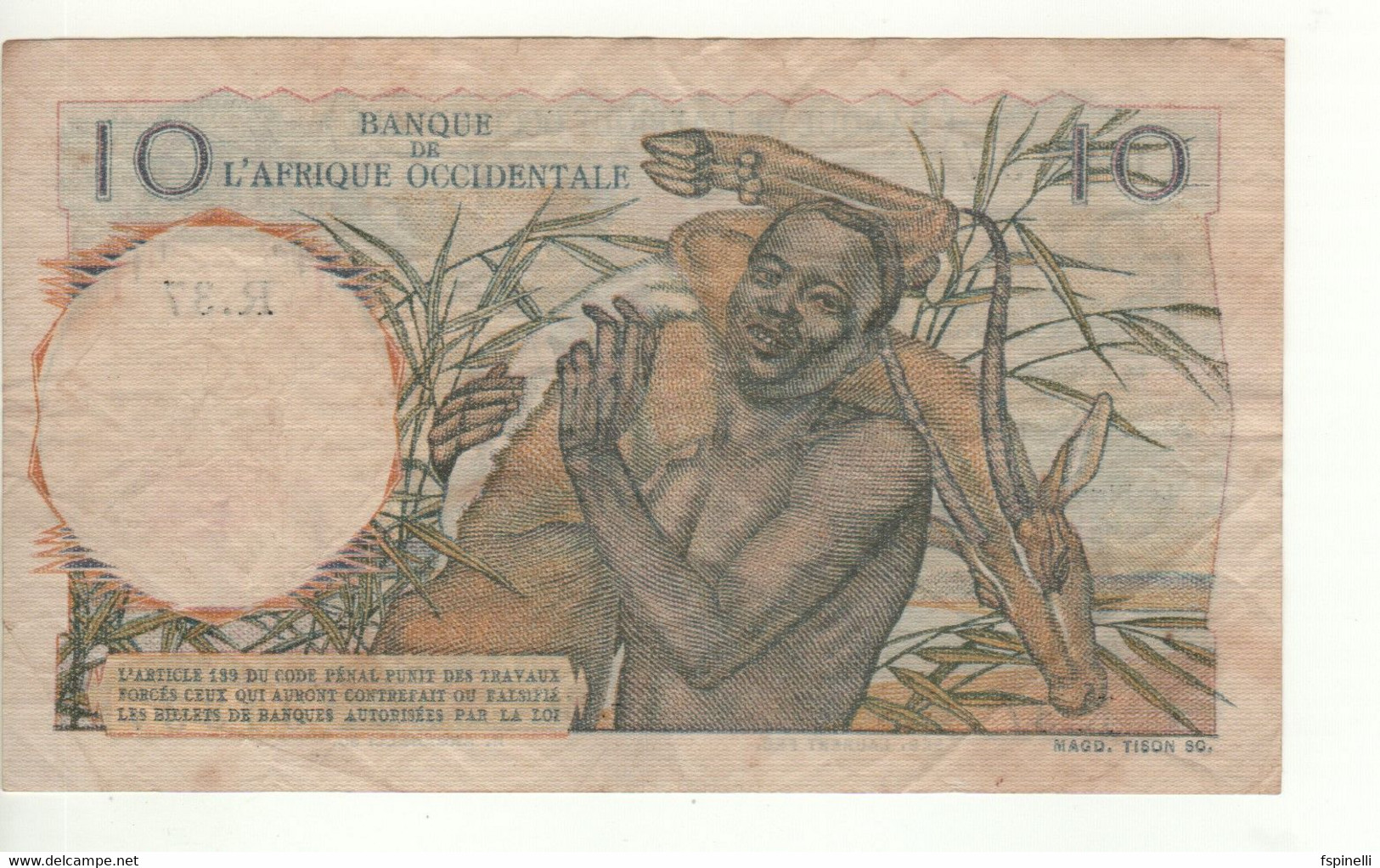 FRENCH WEST AFRICA   10 Francs    P37   Dated 22-04-1948     Hunters + Gazelle At Back - États D'Afrique De L'Ouest