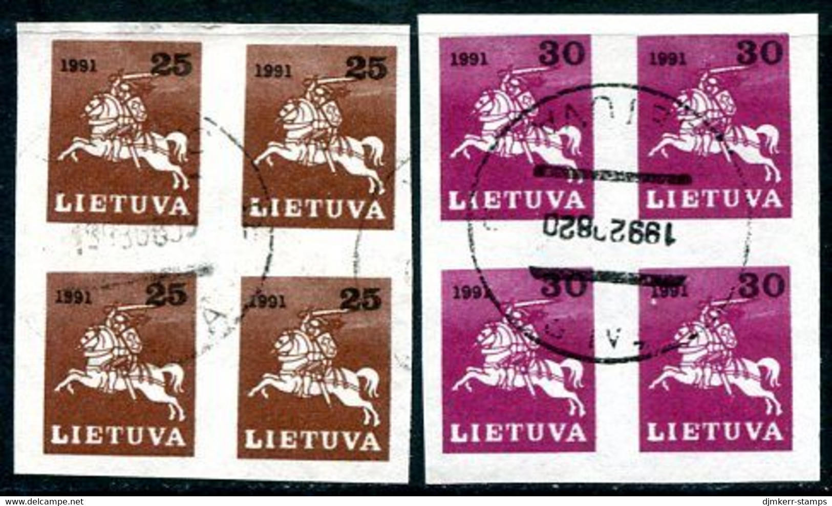 LITHUANIA 1991 Lithuanian Knight Definitive Imperforate Blocks Of 4 Used.  Michel 480-81 - Litouwen