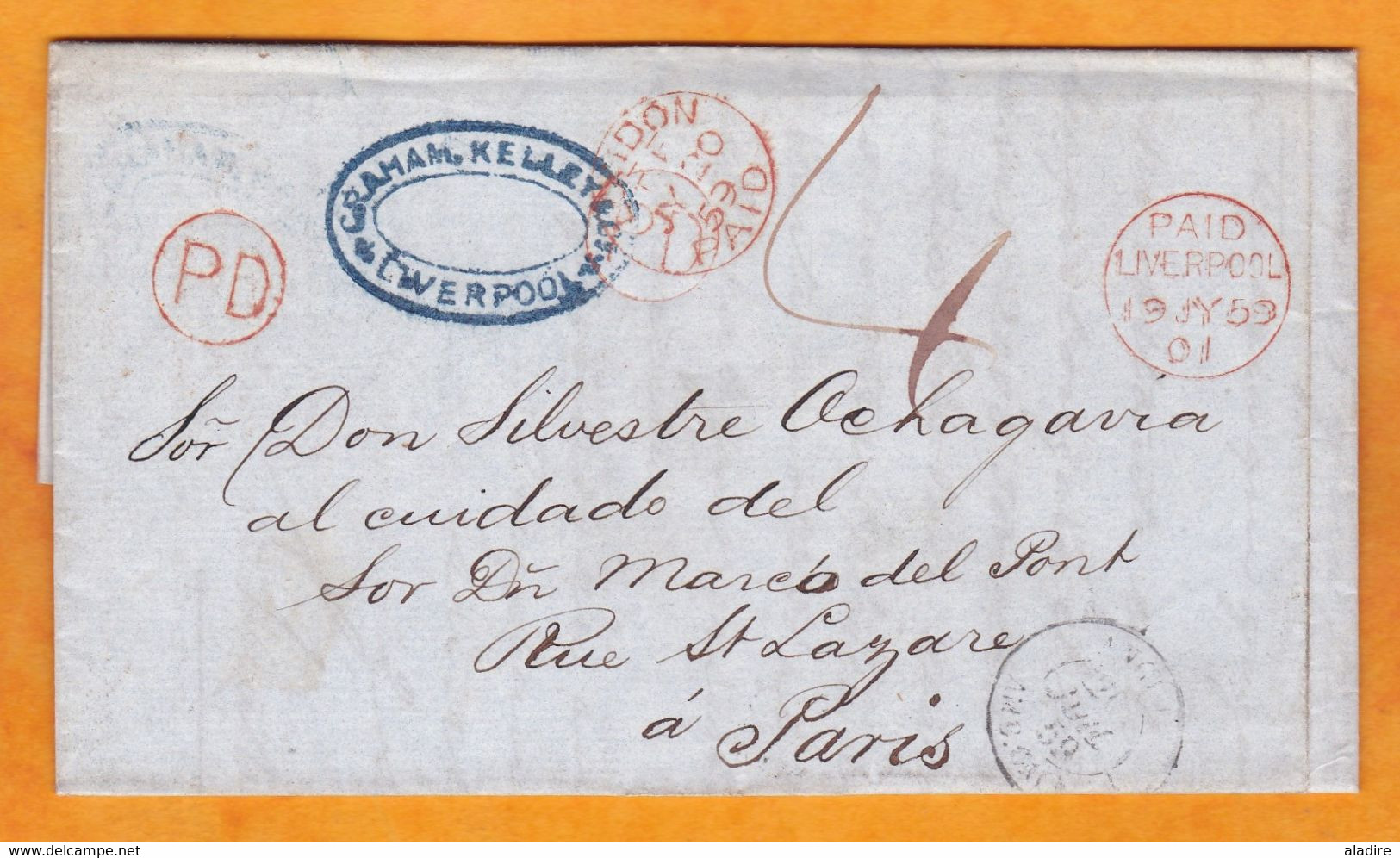 1859 - 2 Page Folded Letter In Spanish From Liverpool, England To Paris, France Via London & Calais - Postmark Collection