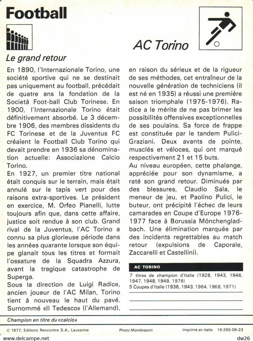 Fiche Sports: Football - Equipe De L'AC Turin Torino, 7 Titres De Champion Du Calcio, 5 Coupes D'Italie - Sports