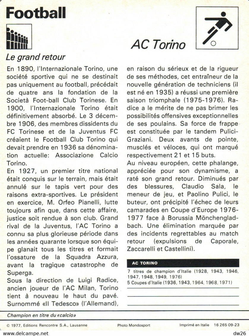 Fiche Sports: Football - Equipe De L'AC Turin Torino, 7 Titres De Champion Du Calcio, 5 Coupes D'Italie - Sport