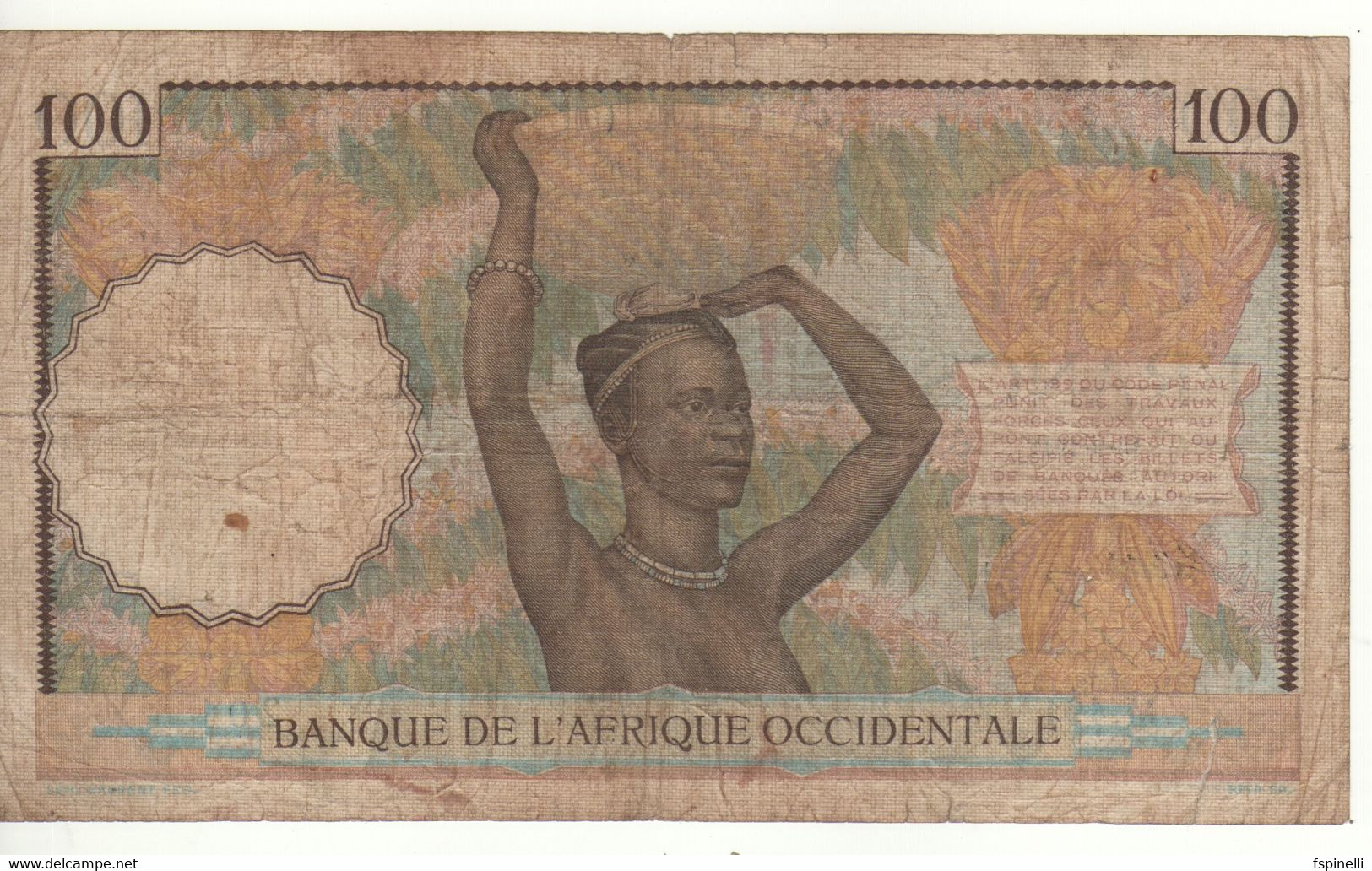 FRENCH WEST AFRICA   100 Francs    P23   Dated 10-09-1941     Woman With Basket At Back - West-Afrikaanse Staten