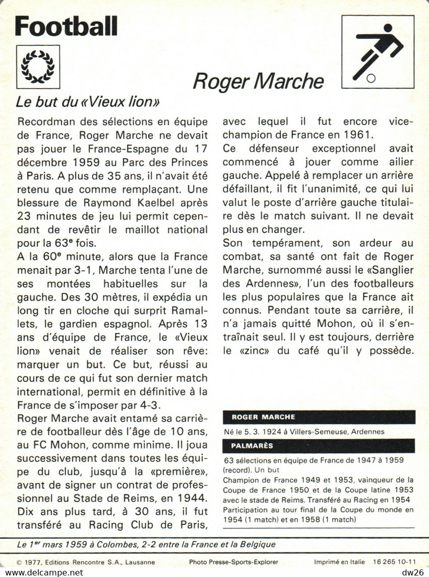 Fiche Sports: Football - Roger Marche, Le Vieux Lion, Recordman Sélections En Equipe De France - 1959 Contre La Belgique - Deportes