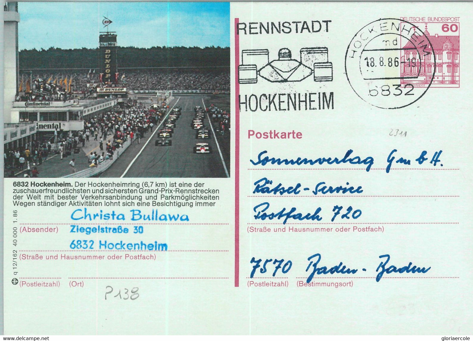 93426 - GERMANY Bund - Postal History - STATIONERY CARD - CARS Formula 1 - 1986 - Cartes Postales Privées - Oblitérées