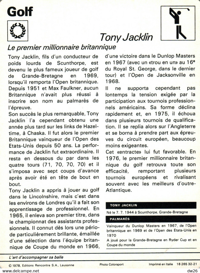 Fiche Sports: Golf - Tony Jacklin, Joueur Britannique - L'art D'accompagner La Balle - Vainqueur Masters 1967 - Sport