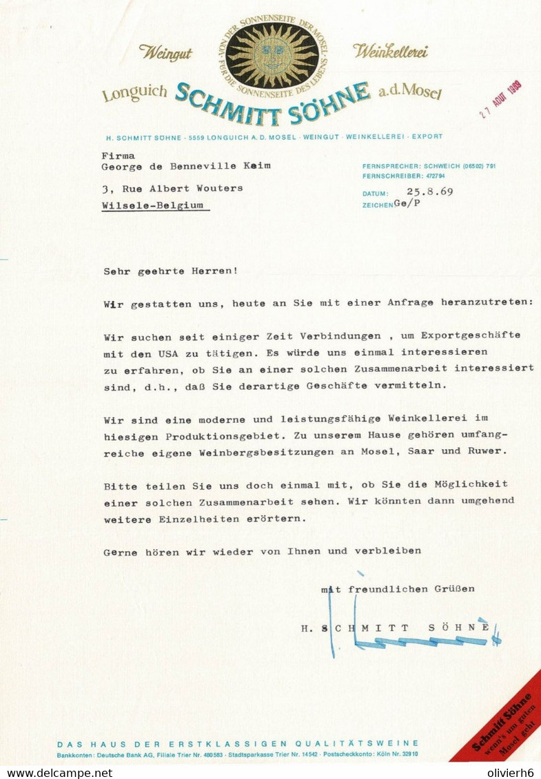 VP COURRIER 1969 (V2030) Longuich SCHMITT SÖHNE A. D. MOSEL (1 Vue) WEINGUT WEINKELLEREI - Alimentaire