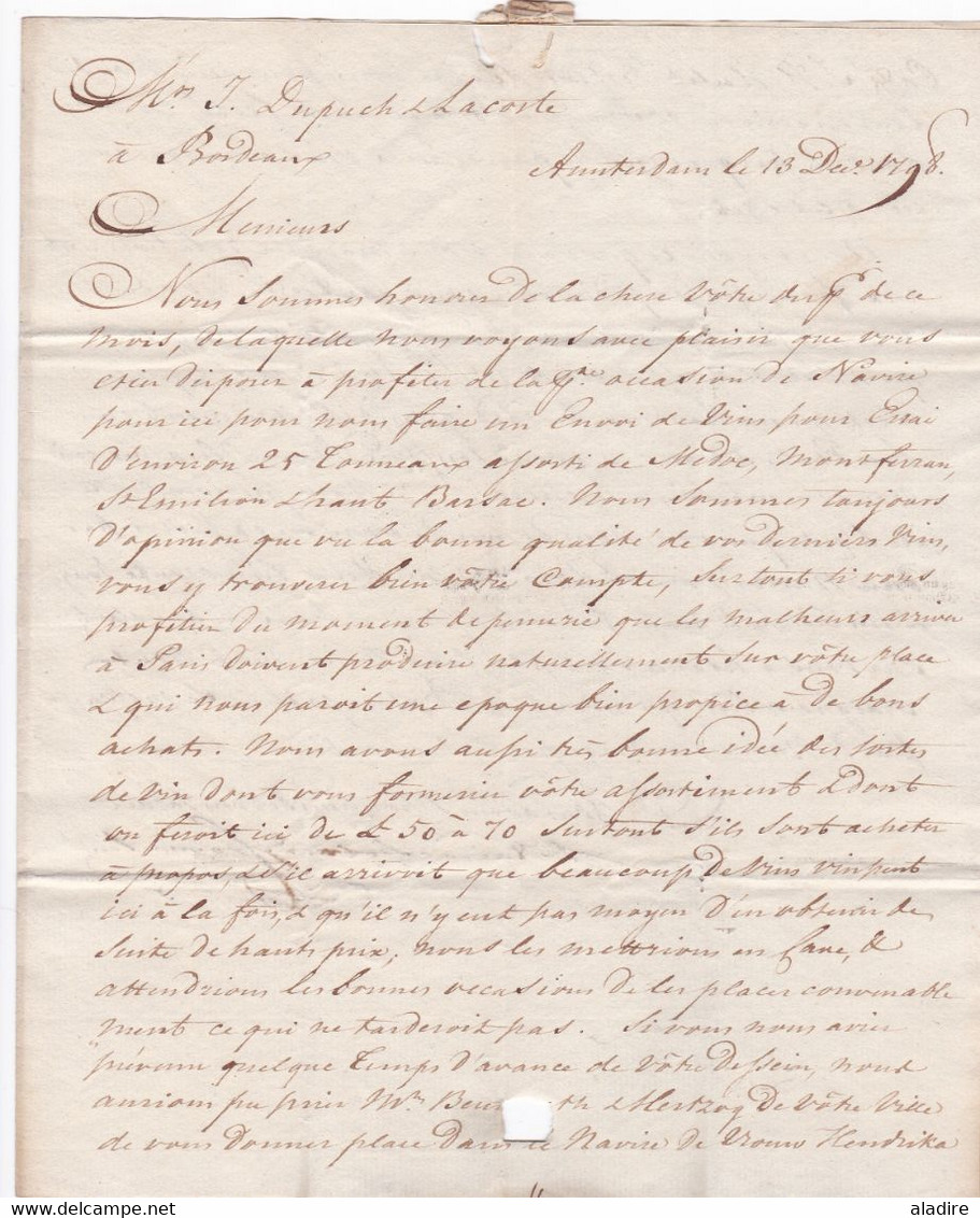 1798 - Marque Postale D'HOLLANDE Sur Lettre Pliée Avec Corresp En Français De 2 P D' AMSTERDAM Vers BORDEAUX, France - ...-1852 Préphilatélie